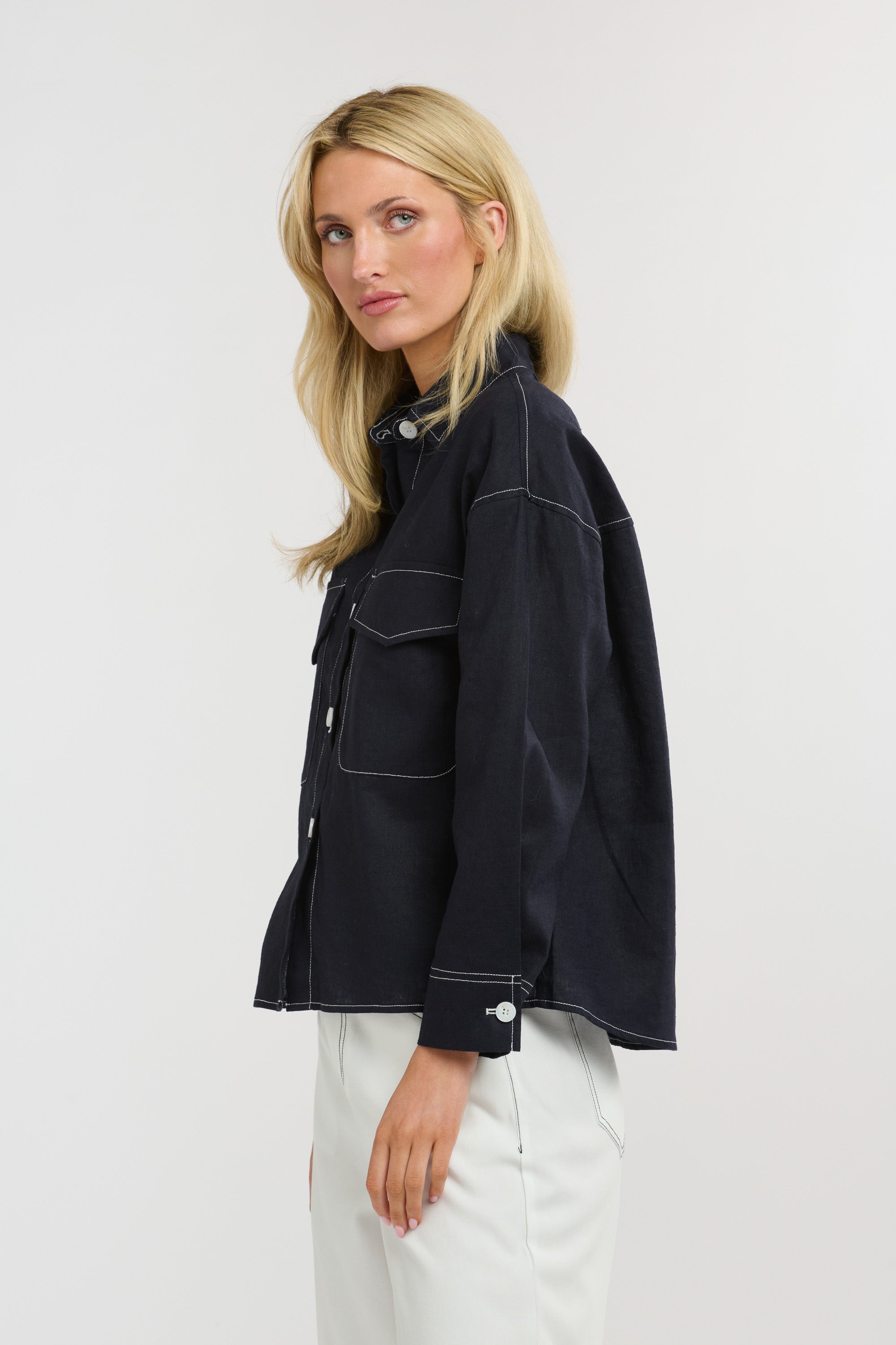 MAVERICK LINEN SHIRT NAVY/WHITE