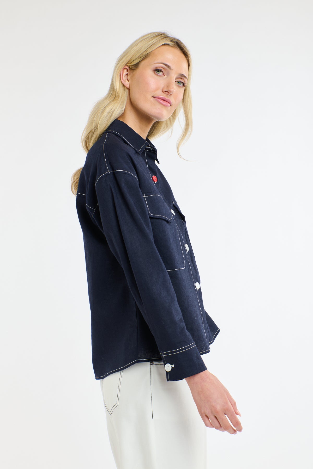 MAVERICK LINEN SHIRT NAVY/WHITE