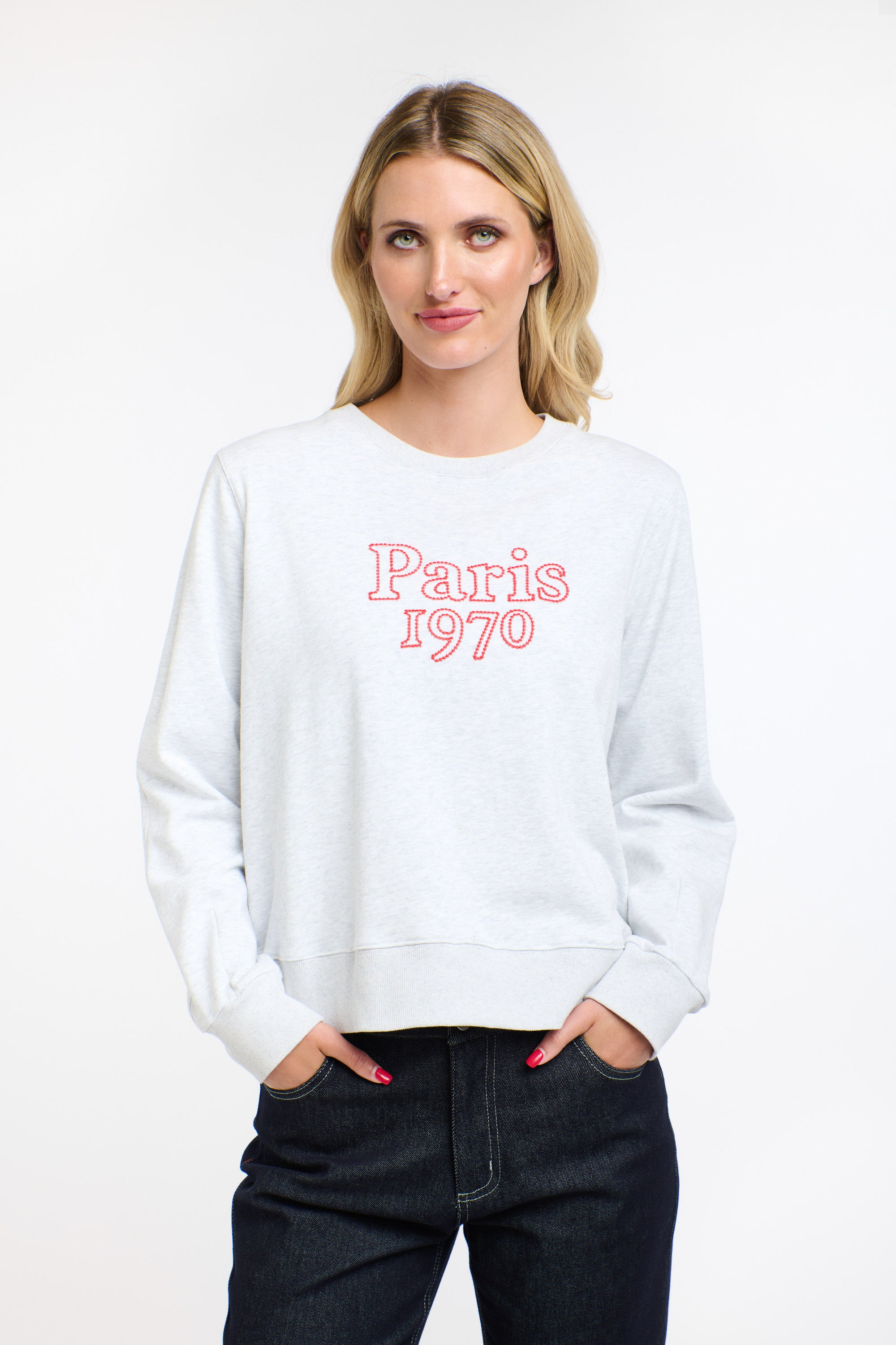 PARIS EMBROIDERED SWEAT GREY MARLE/RED