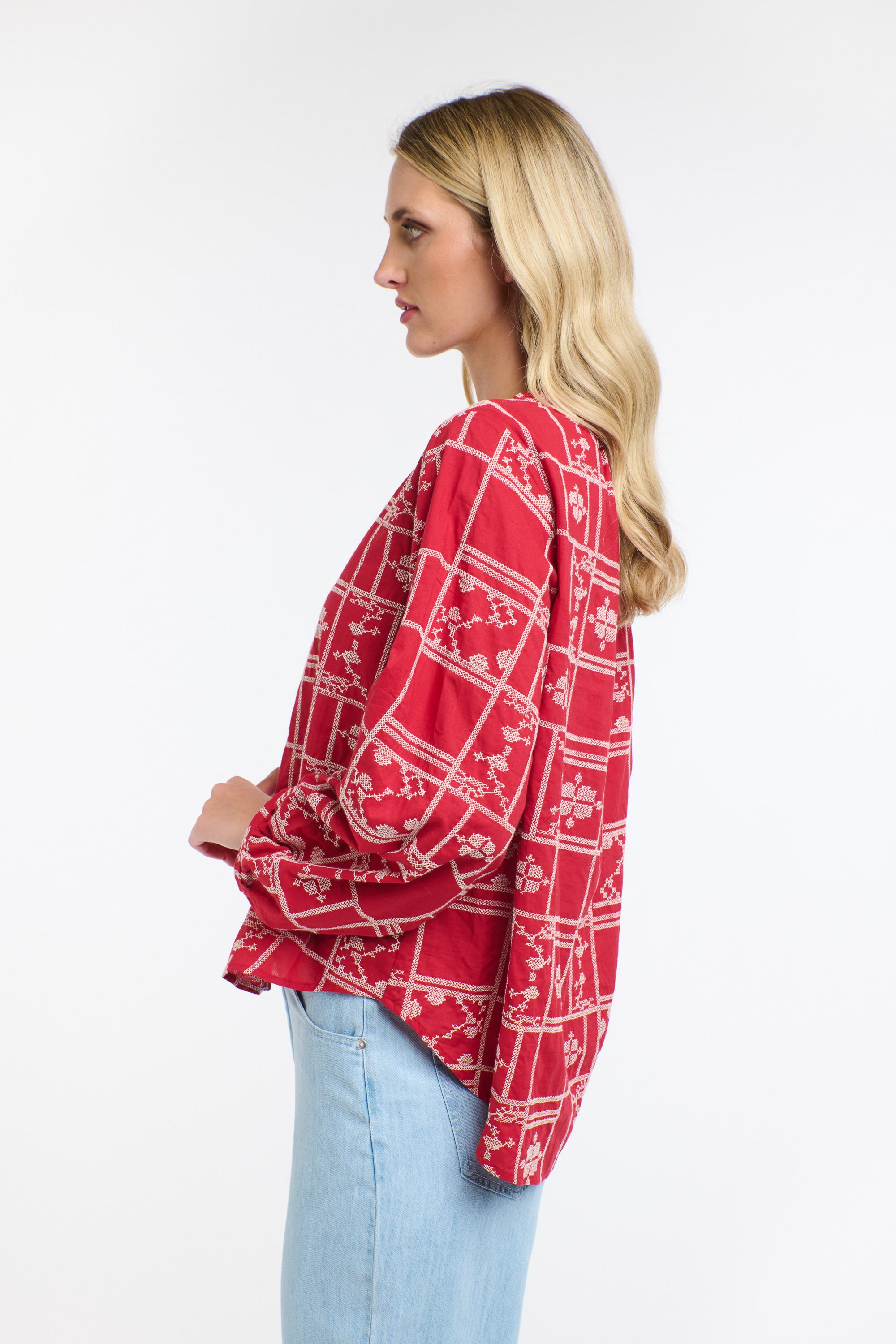 MEREDITH X-STITCH TOP RED