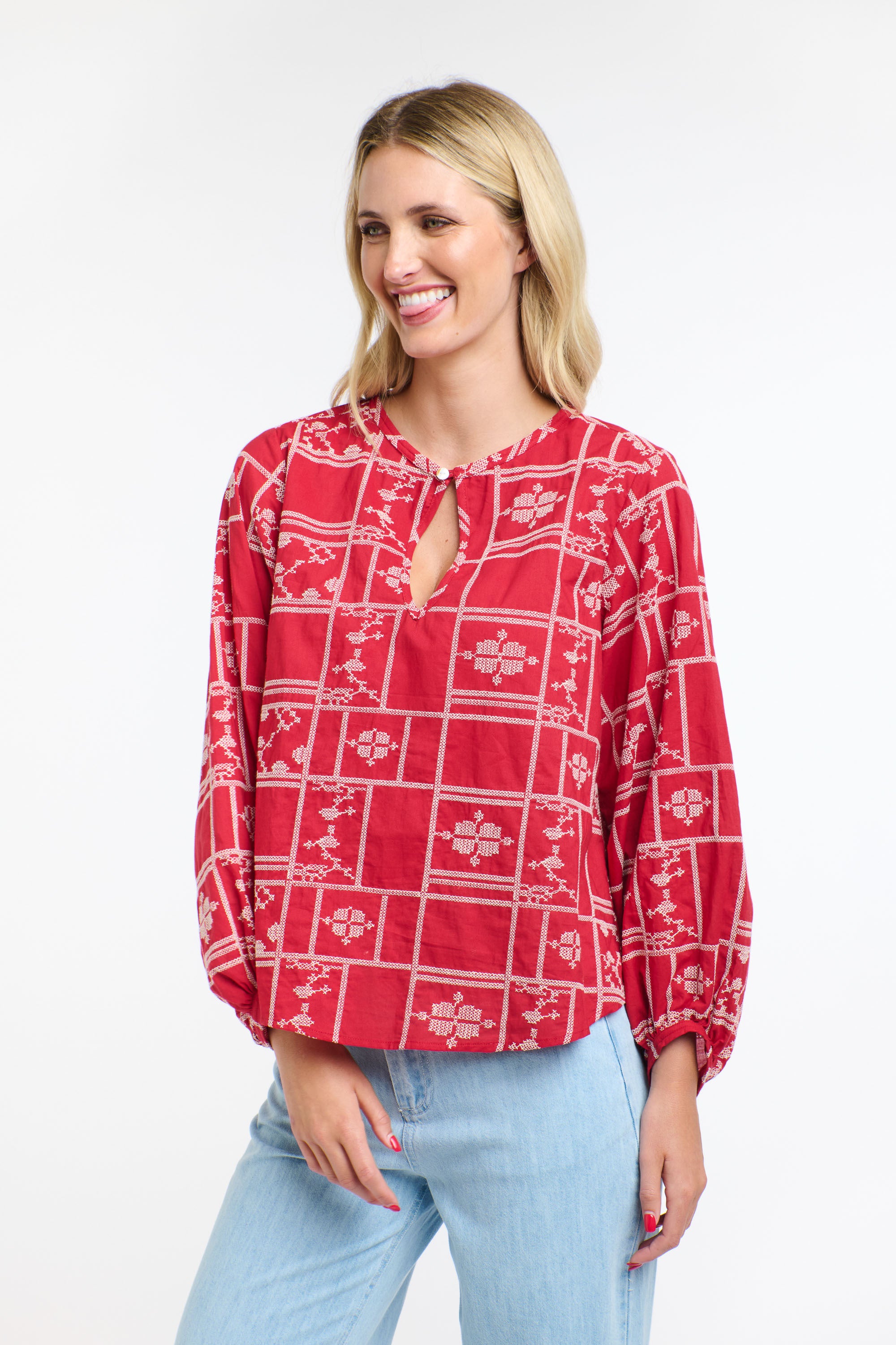 MEREDITH X-STITCH TOP RED