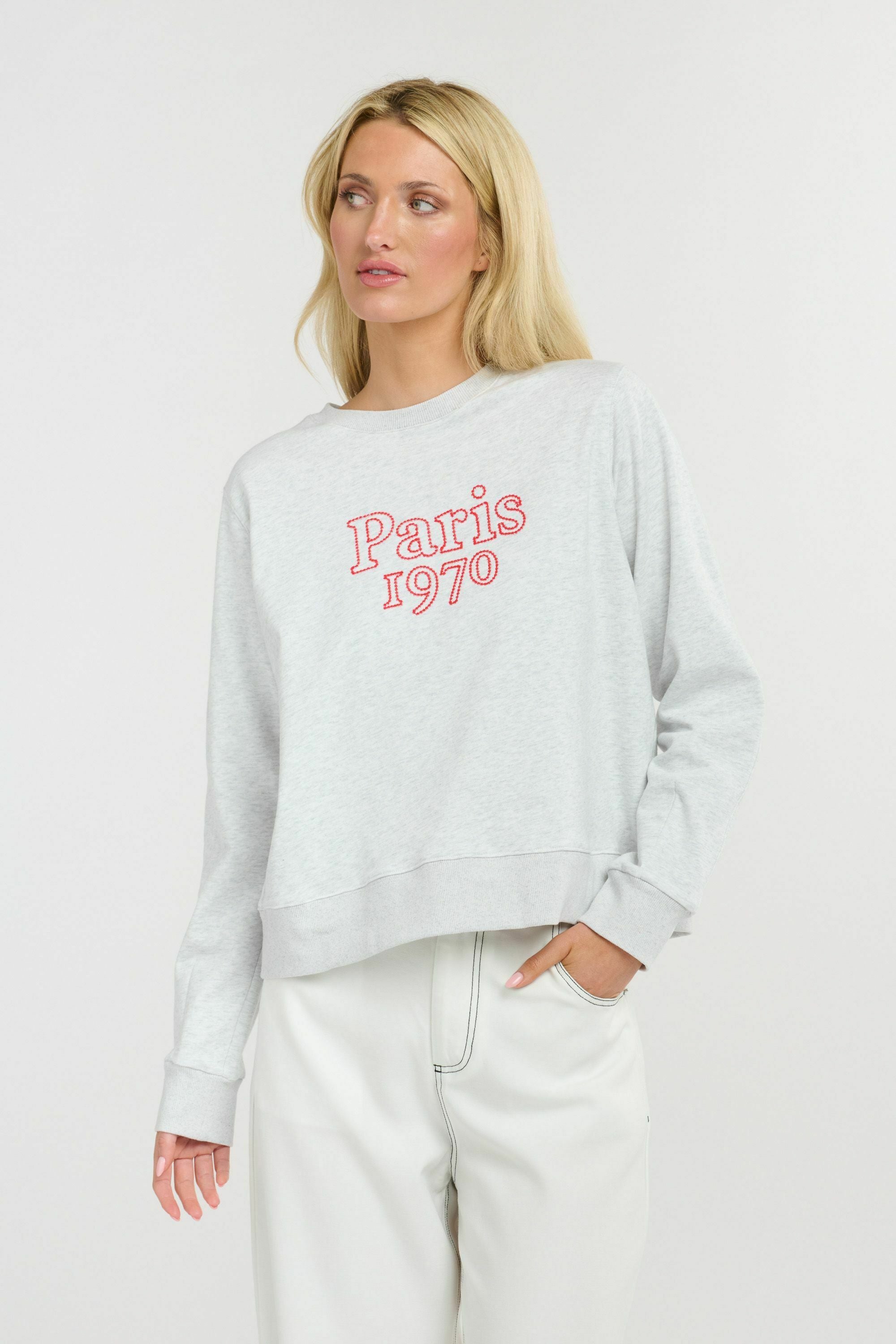 PARIS EMBROIDERED SWEAT GREY MARLE/RED