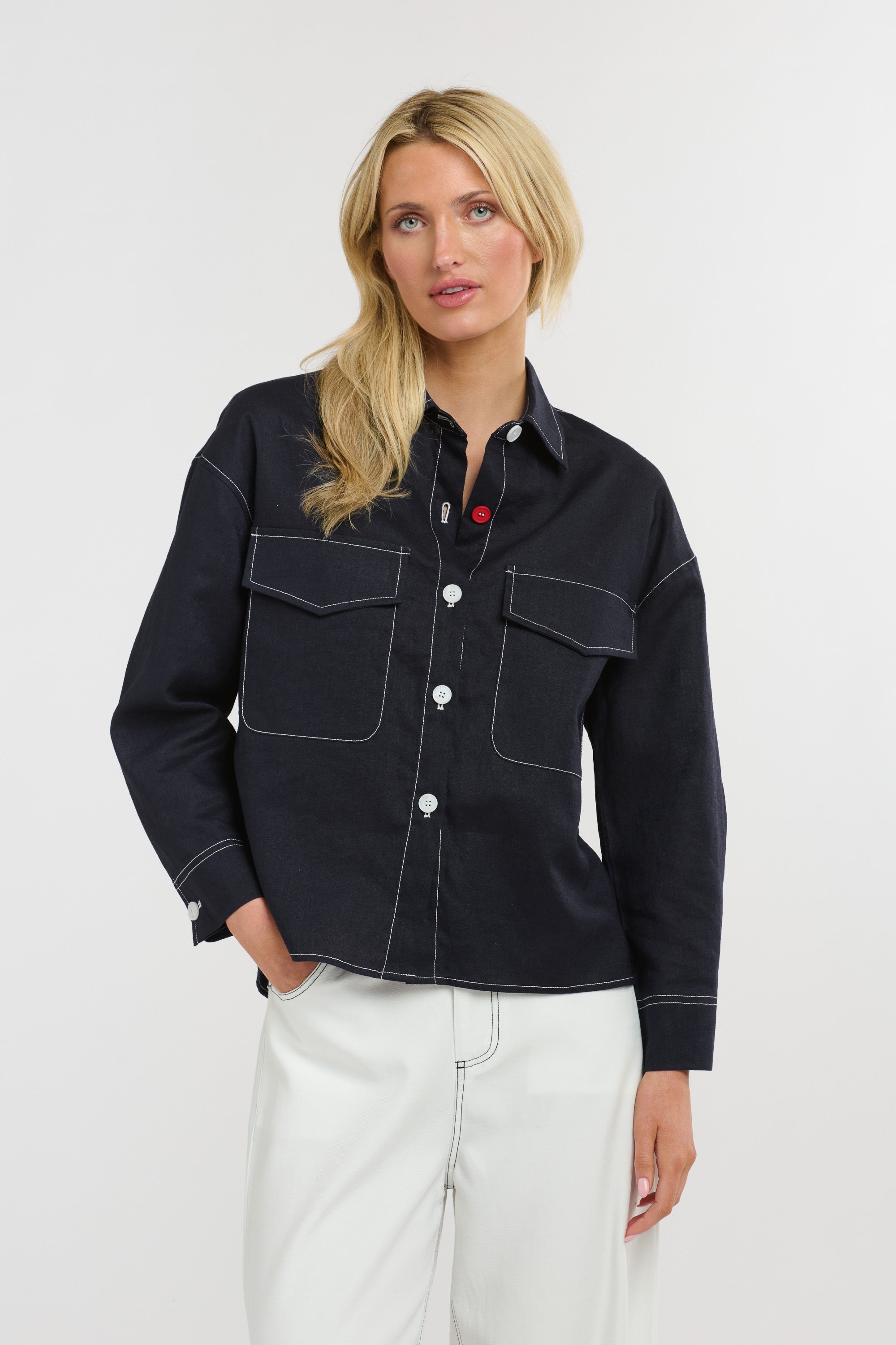 MAVERICK LINEN SHIRT NAVY/WHITE