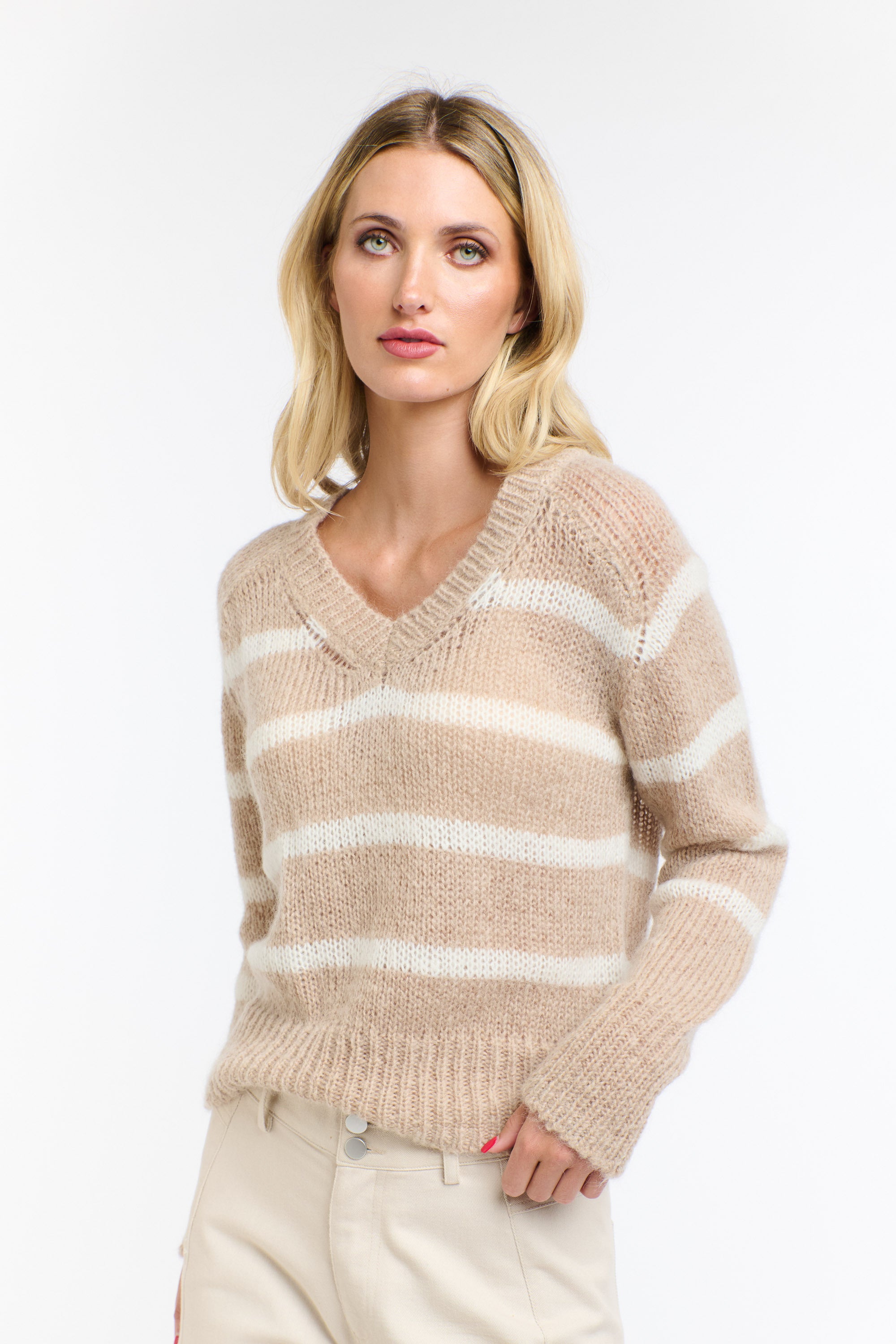 SPENCER STRIPE MOHAIR KNIT BEIGE/WHITE