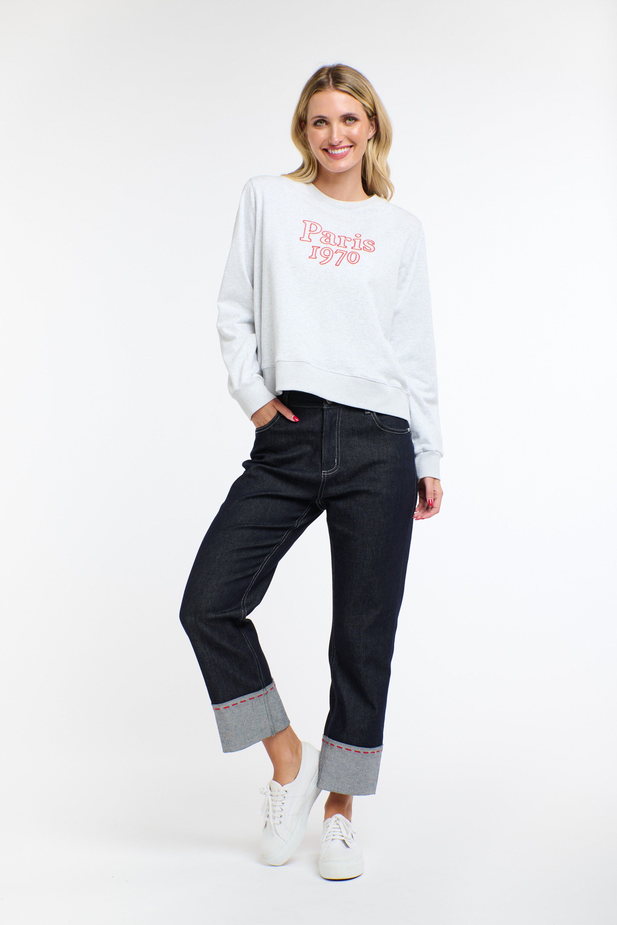 PARIS EMBROIDERED SWEAT GREY MARLE/RED