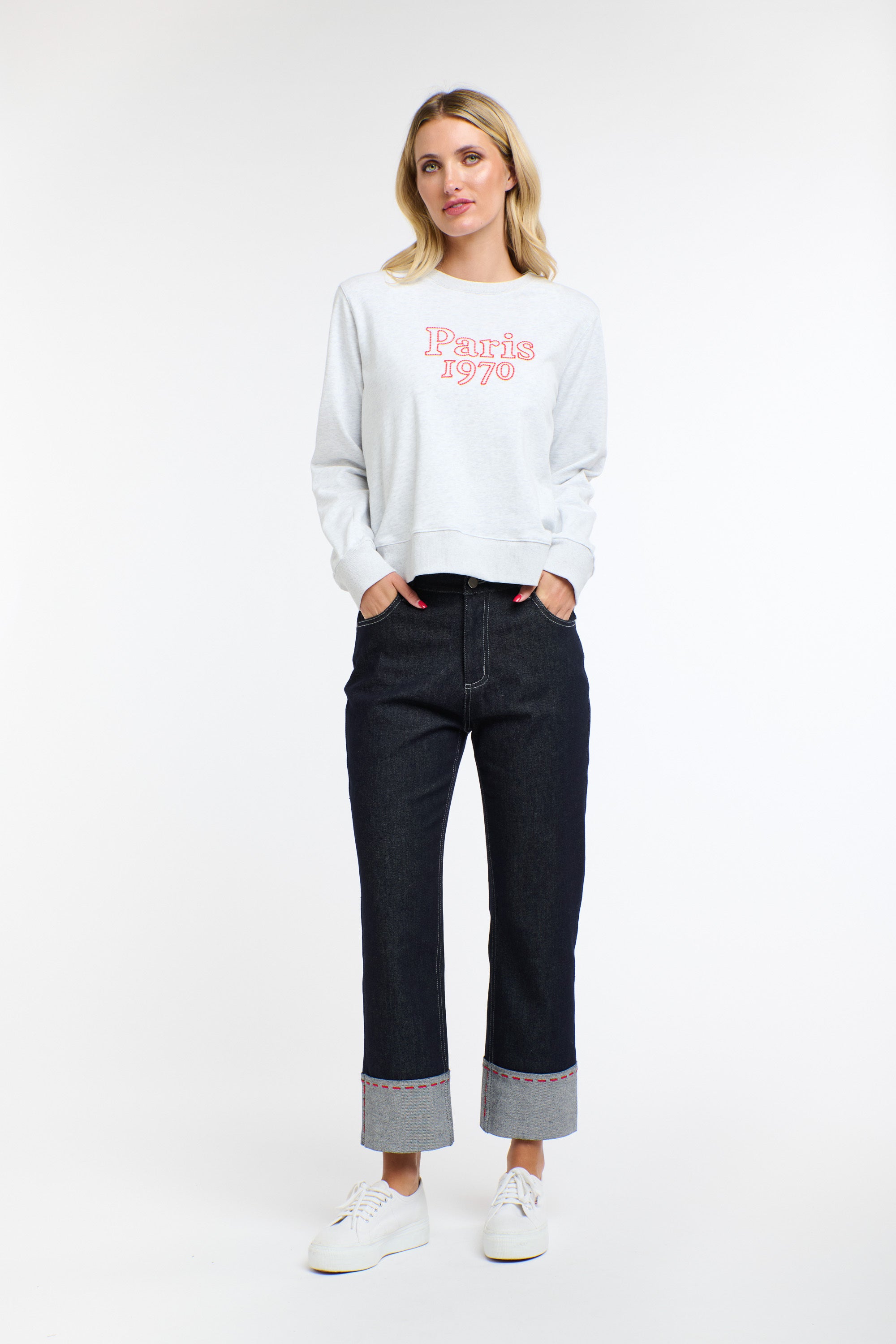 PARIS EMBROIDERED SWEAT GREY MARLE/RED