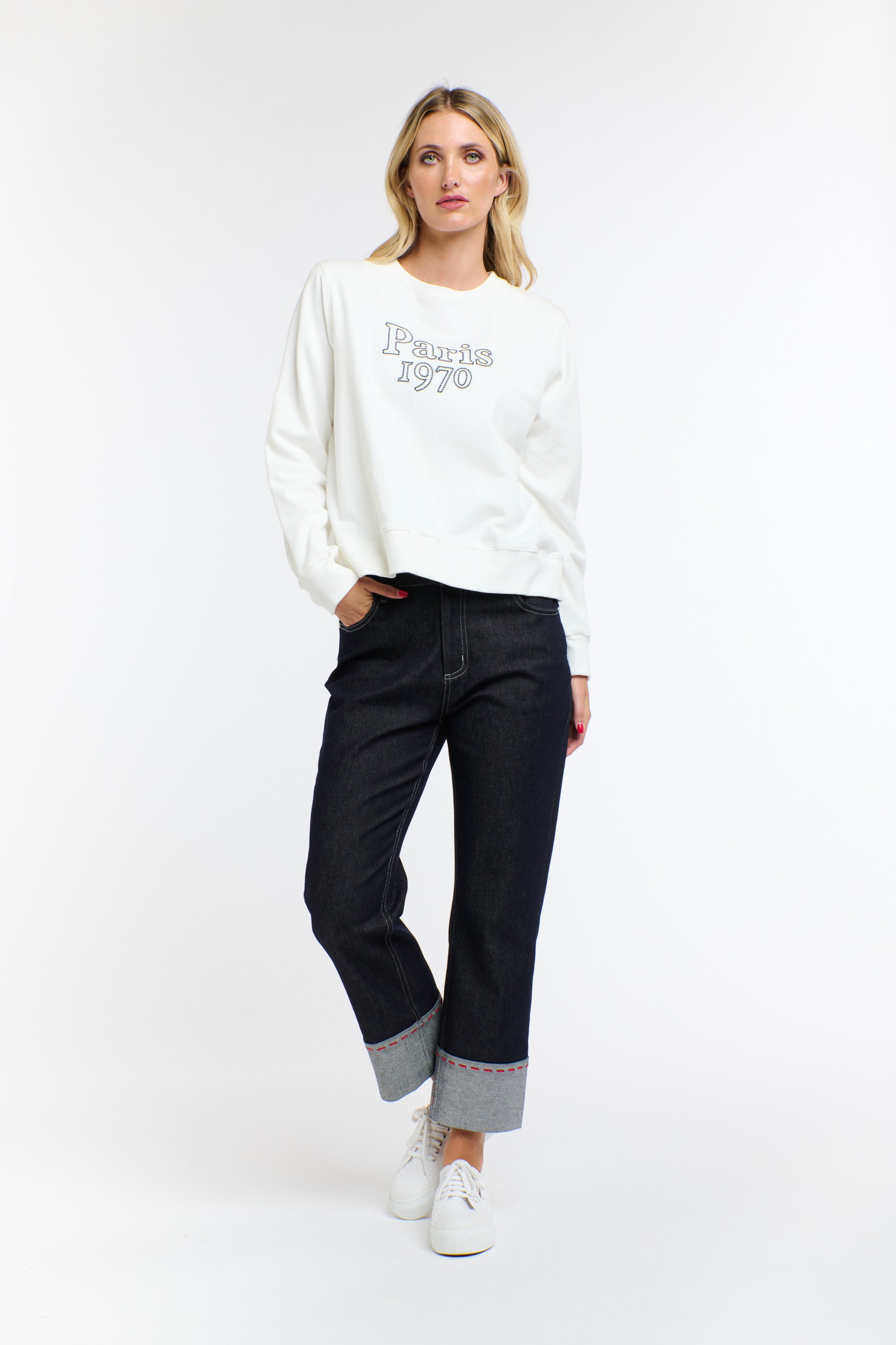 PARIS EMBROIDERED SWEAT WHITE/NAVY
