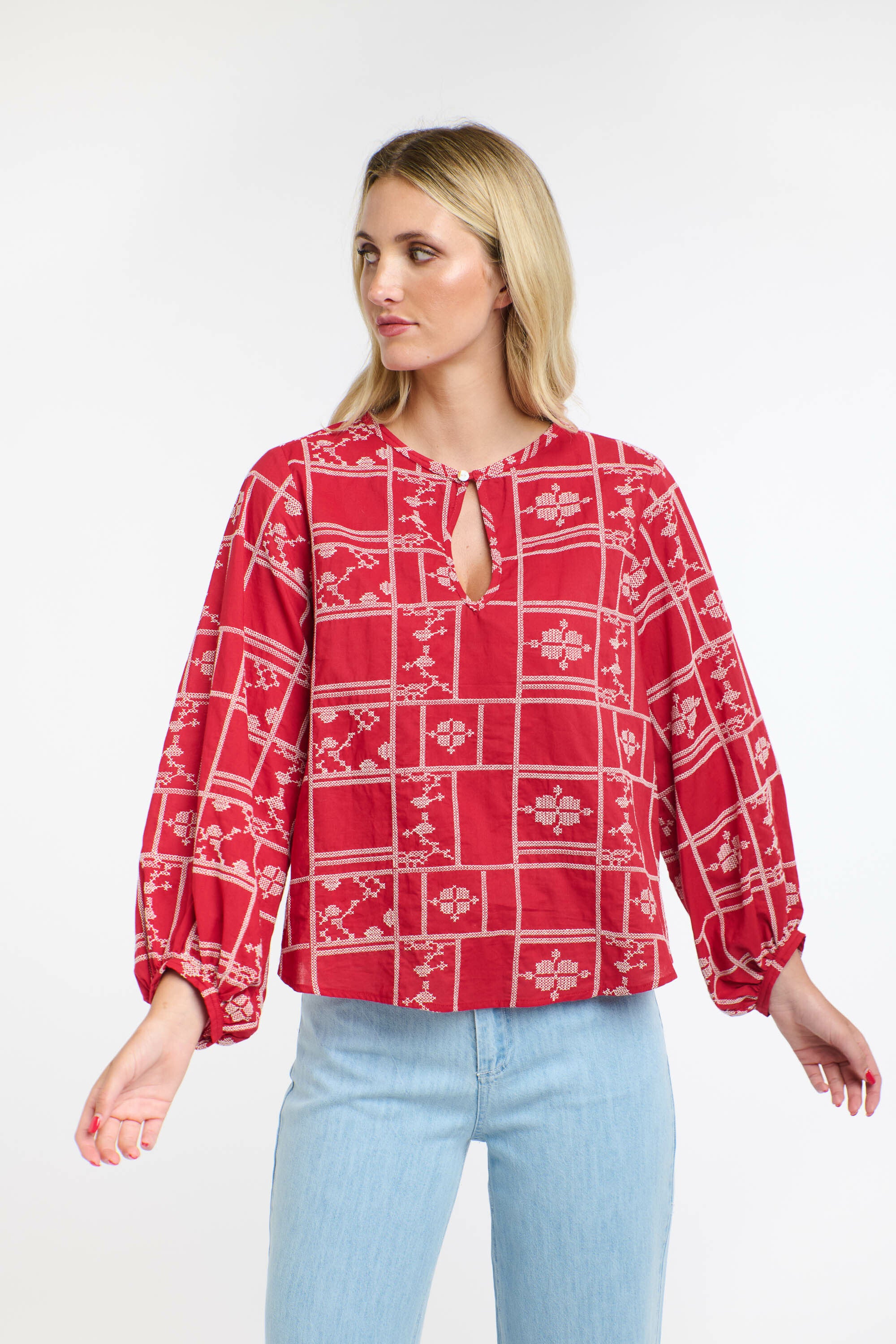 MEREDITH X-STITCH TOP RED