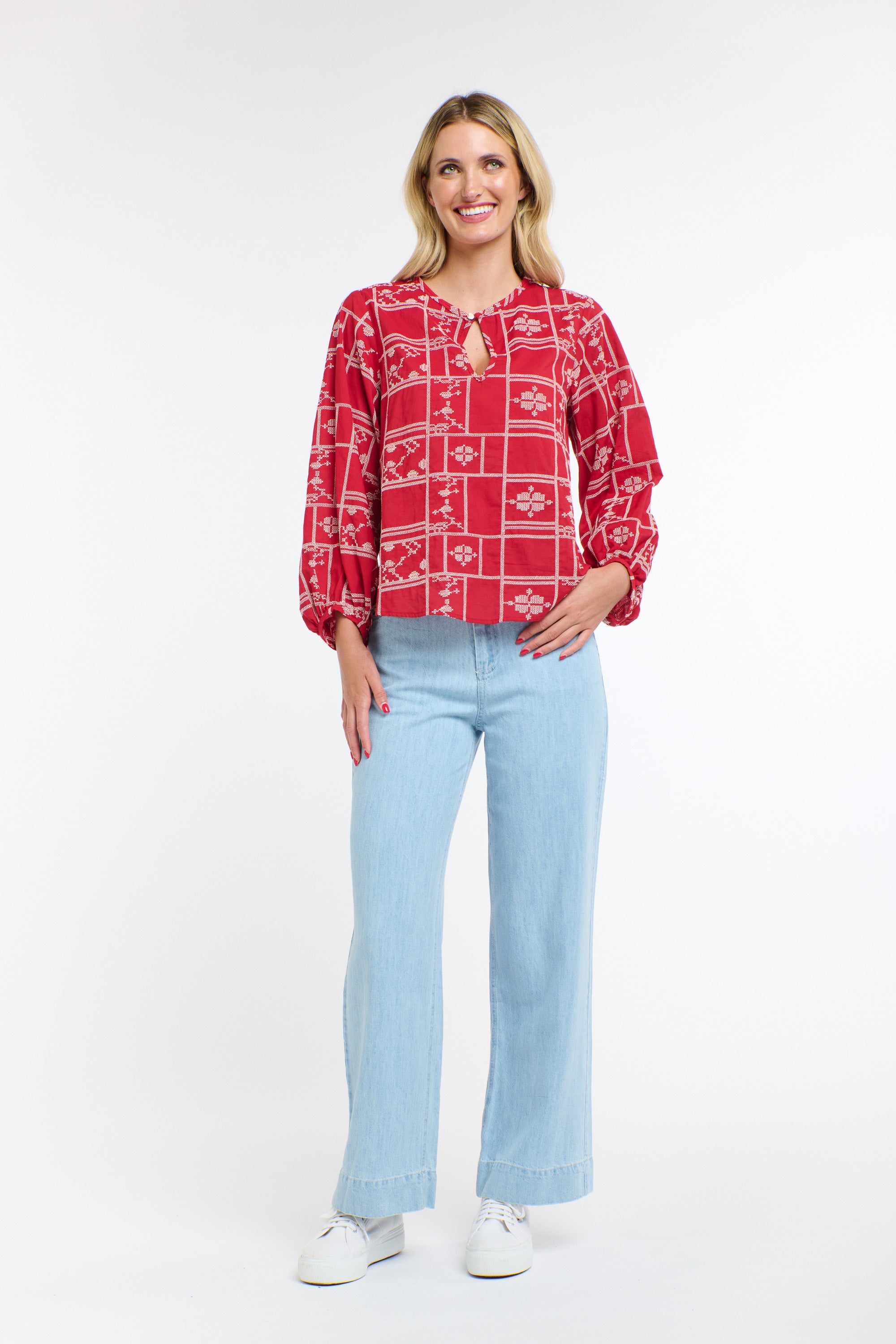 MEREDITH X-STITCH TOP RED