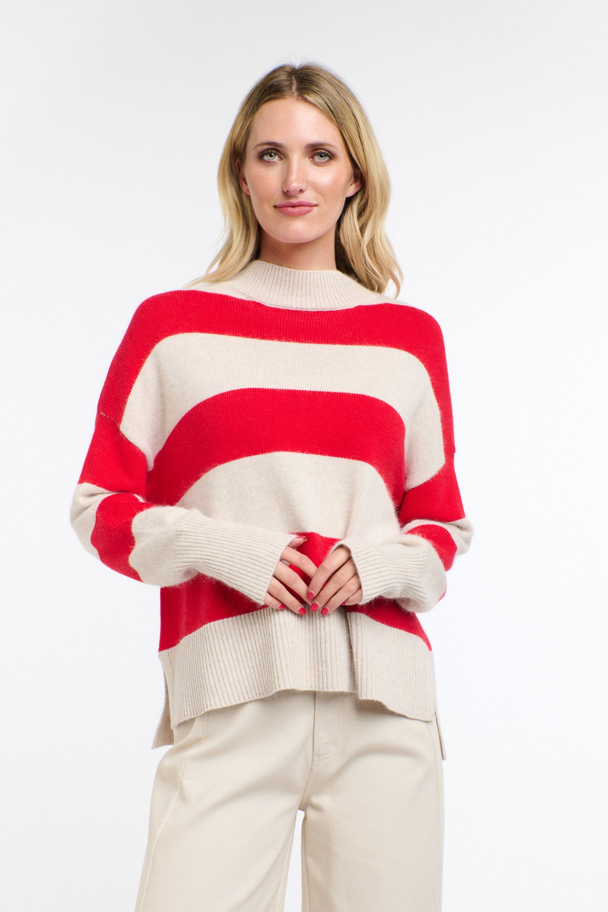 GRACIE ANGORA STRIPE KNIT RED/NATURAL
