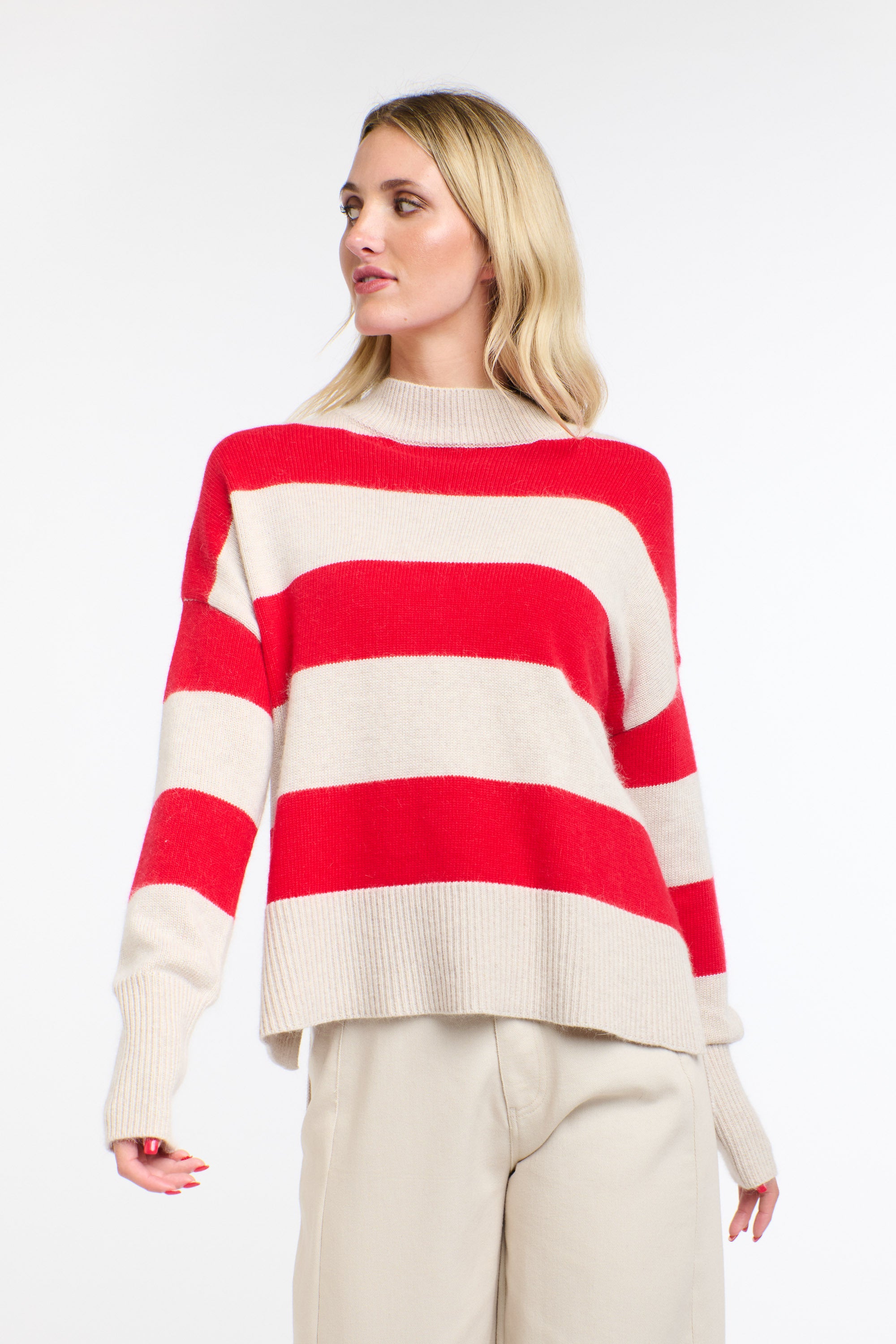 GRACIE ANGORA STRIPE KNIT RED/NATURAL