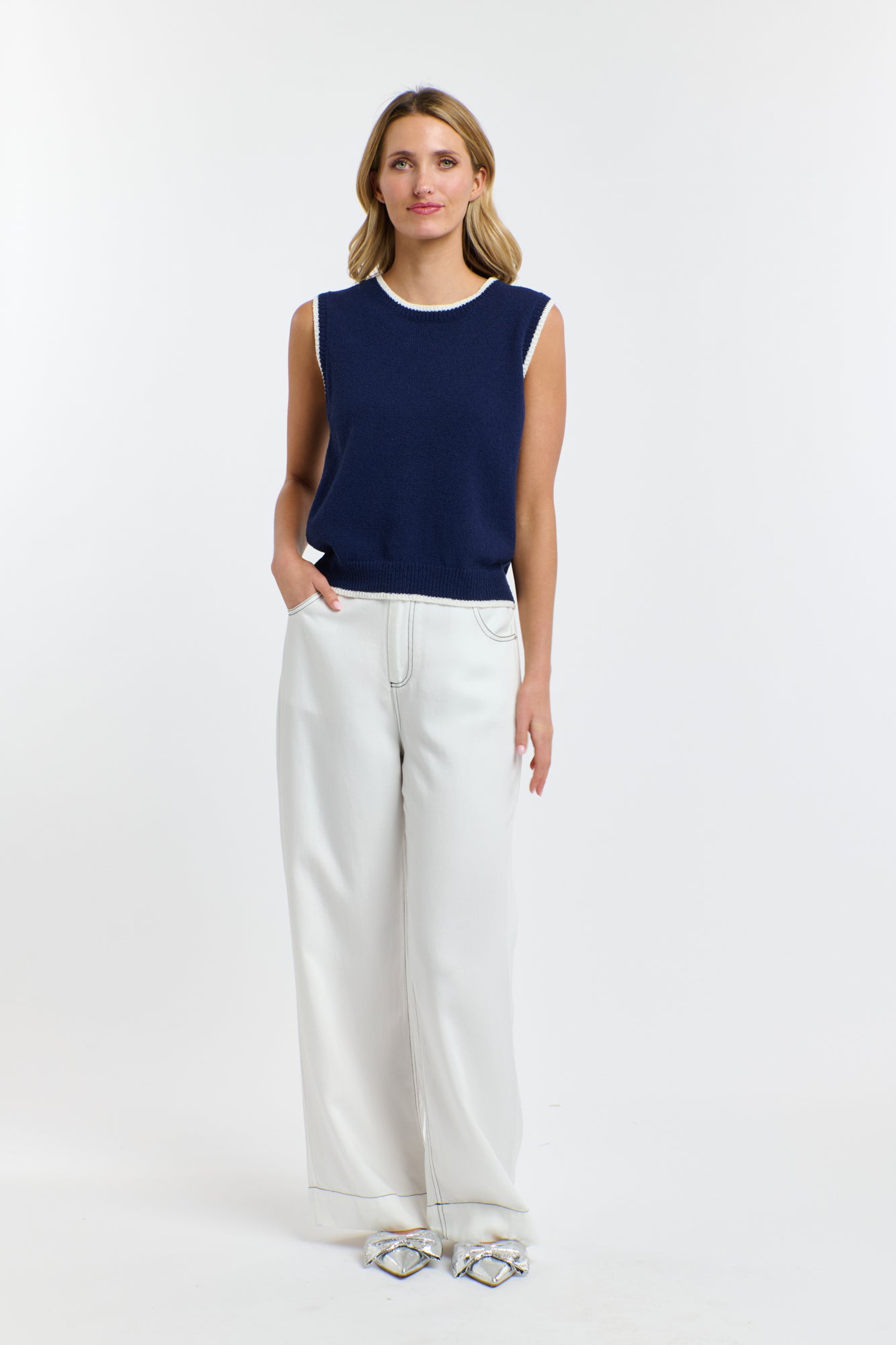 CELESTE TENCEL PANT WHITE w. BLACK ST.